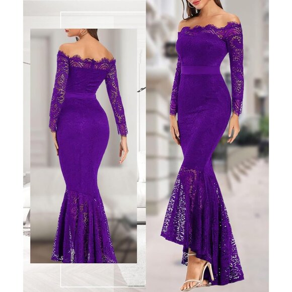 Women's Purple Floral Lace Long Sleeve Off Shoulder Wedding Mermaid Dress - Picture 4 of 6
